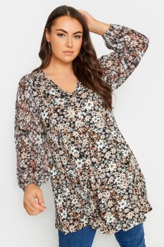 Yours Top Con Vuelo Negro Floral Mangas Malla, Mujer Curvy Y Tallas Grandes, Yours