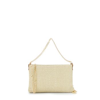 bolso de mano de rafia con bandolera de doble cadena natural