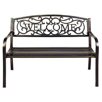 Costway Banco de Jardín Asiento de Exterior Estructura de Metal con Letrero WELCOME para Terraza Patio Balcón Bronce 127 x 63,5 x 89 cm