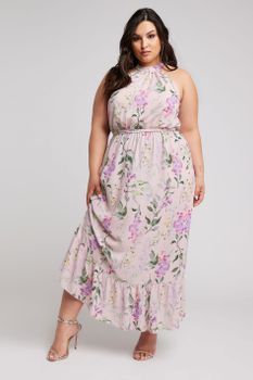 Yours London Vestido Rosa De Flores Cuello Halter, Mujer Curvy Y Tallas Grandes, Yours London