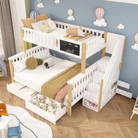 cama literas infantil doble con tablero y cajones blanco y roble claro 90x200  140x200