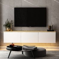 mueble tv led suspendido con armarios blancos y bandeja de madera 160