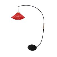lampara de pie arco metal negro madera natural pantalla hilo rojo