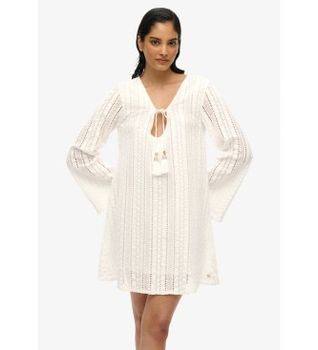 Superdry para mujer. W8011933A Minivestido con encaje Ibiza blanco (S), Casual, Algodón, Manga larga