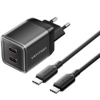 cargador de pared gan vention 2xusb-c 45w  cable usb-c 1m negro