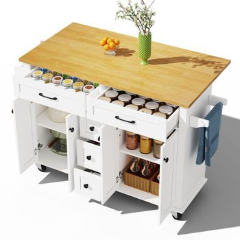 Carrito De Cocina Con Encimera Extensible E Isla De Cocina Multifuncional, 5 Cajones, 140x65x89cm, Mdf, Blanco Y Madera