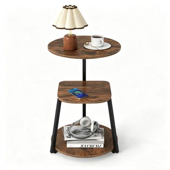Costway Mesa Auxiliar Industrial Madera Hierro Negro Tres Niveles Almacenamiento con Pies Regulables para Salón Dormitorio 42,5 x 42,5 x 61 cm Marrón