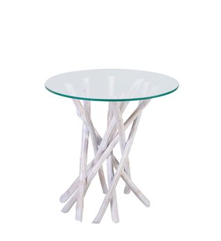 Mesa auxiliar cristal y madera blanco d. 50 cm