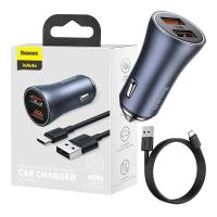 cargador coche baseus golden contactor pro 40w 2x usb gris  cable usb-c 1m negro