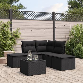 Conjunto De Sofás De Jardín 6 Uds | Mueble Jardin Mesa Y Sillas Y Cojines Ratán Sintético Negro Cfw663721