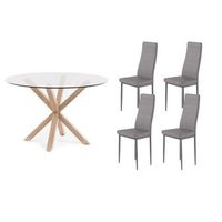 pack mesa redonda de cristal templado  4 sillas polipielmetal gris 120x75 cm