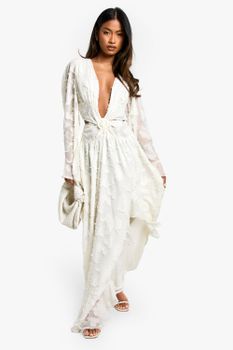 Vestido Maxi Texturizado Con Abertura, Blanco