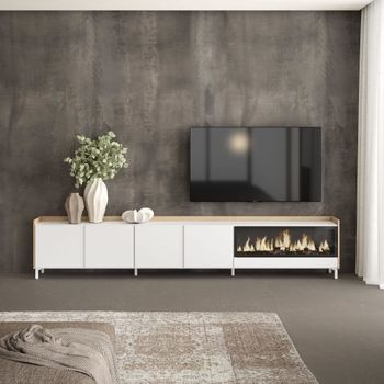 Mueble tv efecto madera blanco roble 315x35x61cm chimenea efecto fuego