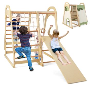 Costway Gimnasio de Jungla Interior 6 en 1 de Madera con Tobogán Barras Anillas Red Escalera Tienda para Niños 1+ Años Natural