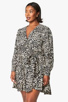 Vestido Plus Skater Cruzado Con Estampado De Leopardo Y Volante, Multi