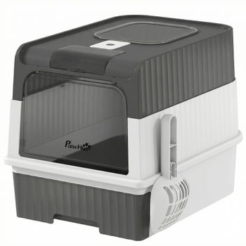 PawHut Caja de Arena para Gatos con Tapa Entrada Bandeja Deslizante Pala Bolsitas Desodorizantes 48x35x36 cm Gris   Aosom España