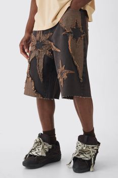Pantalón Corto Vaquero Regular Sin Tratar Con Estrellas Marrones, Brown