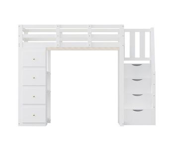 Cama alta 140 x 200 cm - madera maciza multifuncional con cajones, cómoda con estantes y escalera segura - blanco