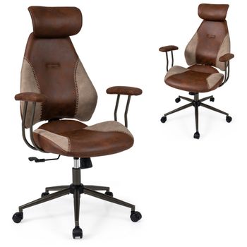 Costway Silla Ergonómica de Oficina Tejido de Ante con Reposacabezas 2D Respaldo Basculante Giratoria y Ajustable con Ruedas Marrón