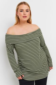 Yours Curve Green Stripe Long Sleeve Bardot Top, Mujer Curvy Y Tallas Grandes, Yours