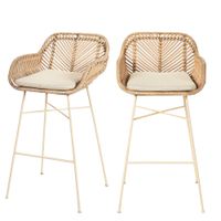 lote de 2 taburetes de bar de ratan con patas beige de 68cm - natural