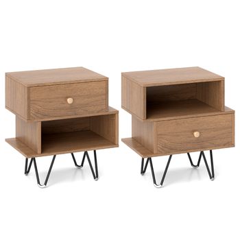 Costway Juego de 2 Mesitas de Noche Mesa Auxiliar Moderna con Cajón Extraíble y Compartimento Abierto Mesa Lateral para Sala de Estar Natural