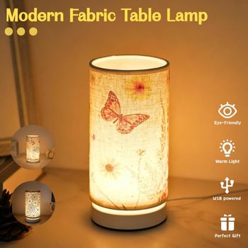1 pieza de lámpara de mesa redonda de tela moderna y minimalista, luz nocturna alimentada por USB, luz cálida y suave, decoración para dormitorio y sala de estar.