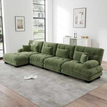 Sofá Modular Esquinero De 4 Plazas En Tela De Chenilla Verde Con Otomana Móvil