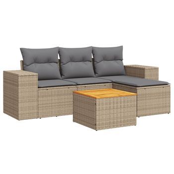 Juego De Sofás Jardín Con Cojines 5 Piezas | Mueble De Jardín Ratán Sintético Beige