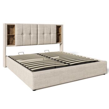 Cama Beige De Lino 140 X 200 Cm Con Almacenaje Hidráulico, 4 Compartimentos Y Carga Inalámbrica, Usb Y Usb-c