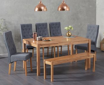 Oxford 150cm Solid Oak Dining Table with Juliette Fabric Chairs and Oxford Bench - Grey, 2 Chairs