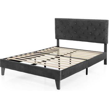 Estructura De Cama Tapizada,marco De Cama Con Cabecero Acolchado Costway 208 X 200 X 91 Cm Gris