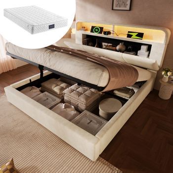 Cama Con Cabecero Y Canapé De 140 X 200 Cm - Terciopelo - Led, Carga Usb/tipo C - Somier De Láminas - Beige (colchón Incluido)