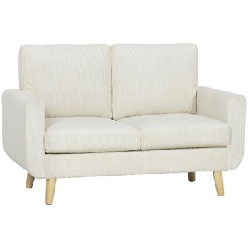 HOMCOM Sofá de 2 Plazas de Pana 134 cm con Patas de Madera Respaldo Grueso Sofá Moderno para Salón Dormitorio Crema