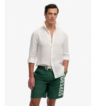 Superdry para hombre. M3010268A Bañador Logo 19 Boardshort verde (S), Beachwear, Poliéster Reciclado