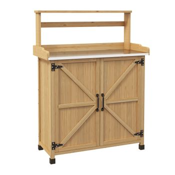 Outsunny Mesa de trasplante mesa de jardinería con armario y estantes y bandeja patas antideslizantes en madera de pino amarillo   Aosom España