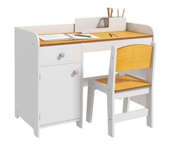 Zonekiz conjunto de escritorio de 2 piezas pupitre infantil escritorio para niños incluye silla y mesa con cajón y armario para dormitorio sala blanco y natural