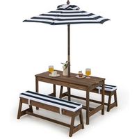 juego de mesa y 2 bancos de madera con cojines y sombrilla costway 89 x 44 x 50 cm