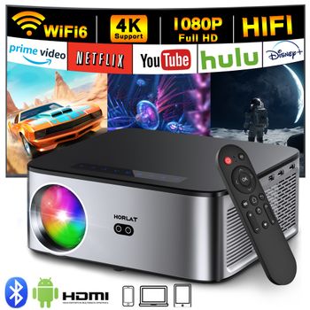 Proyector Android HORLAT 35000 Lúmenes 4K, Decodificación de Video y Audio 8K, Cine en Casa, Enfoque Automático, Keystone, WiFi 5G, Proyector Portátil