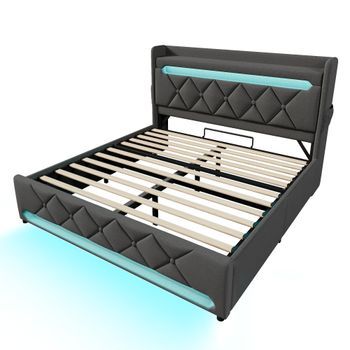 Cama Tapizada 140x200 Cm Con Puertos Usb Y Tipo C - Iluminación Led - Cama Con Almacenamiento Hidráulico - Gris - Con Colchón