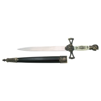 Daga Medieval 13747-1, pomo de color bronce, empuñadura blanca con dibujo en negro, tamaño total de 35 cm, hoja de acero, vaina negra con detalles en bronce