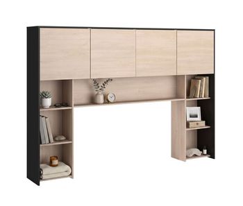 Cabecero puente para cama de dormitorio danilo 218 cm - cabezal 4 puertas, estantes abiertos, roble y negro