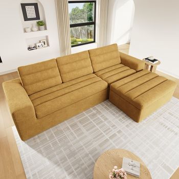 Sofá De 3 Plazas De Chenilla - Asiento Con Muelles Ensacados Y Espuma - 220 X 81 X 87 Cm - Hierro Y Madera Maciza - Amarillo