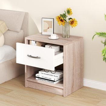 Mesita De Noche | Mesilla De Noche Con 1 Cajón Mesa Auxiliar Con Estante Abierto Compacta Espacios Pequeños Natural+blanco