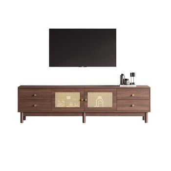 Mueble De Tv De 180 Cm En Acabado Madera Oscura, 4 Cajones Y Puertas De Ratán