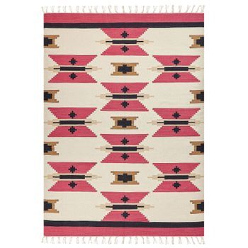 Alfombra Kilim De Algodón Rojo Beige Negro 200 X 300 Cm A Mano Geométrico Borlas Garni