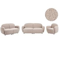 conjunto de sala de estar de estilo retro con respaldo y reposabrazos redondeados de boucle patas de plastico salon beige jule