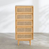 cajonera de madera de pino y ratan con 5 cajones