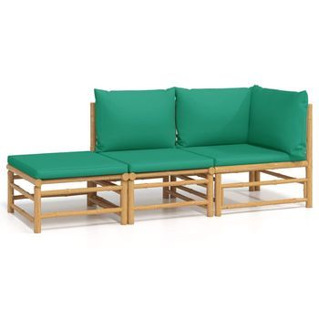 Set De Muebles De Jardín 3 Piezas | Mobiliario De Jardín Bambú Con Cojines Verde