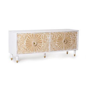 Mueble Tv En Madera De Mango Blanco Con Toques Dorados